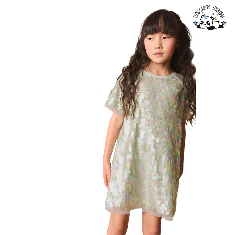 LEZONKIDS - Vestidos de princesa sequinados coloridos de manga curta para meninas personalizáveis para o verão